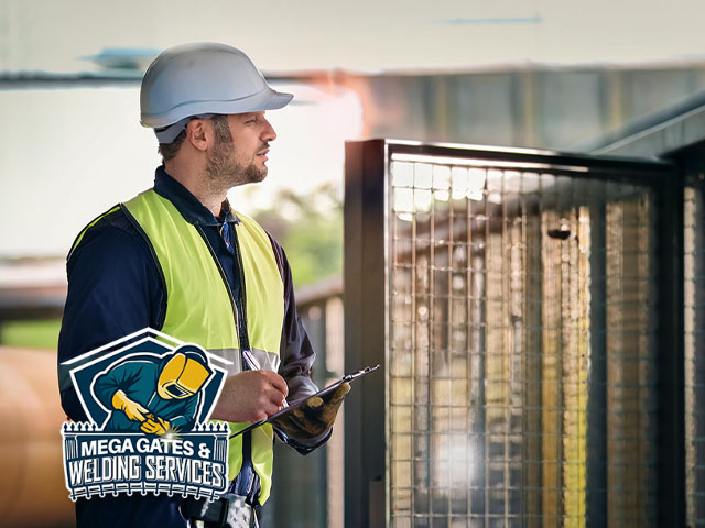 technician inspecting metal gate for safety