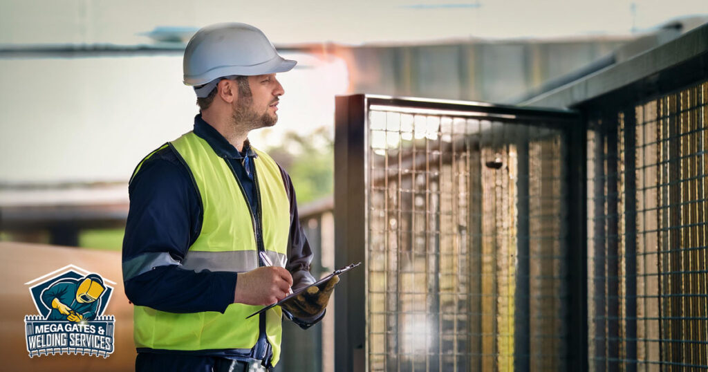 technician inspecting metal gate for safety