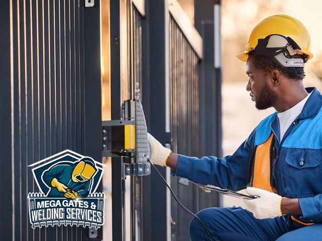 gate repair male professional technician performing maintenance on electric gate