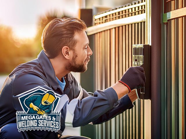 professional technician performing maintenance on electric gate