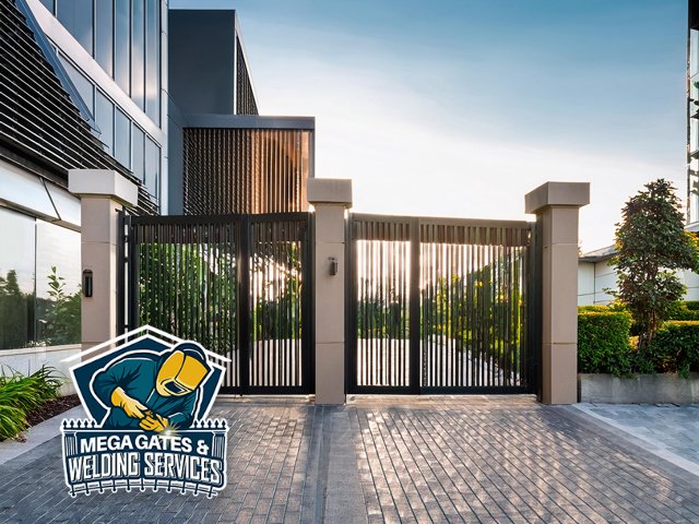 beautiful custom gate design installation in front of modern office building