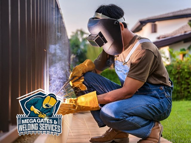 male technician working performing professional welding services at residential home