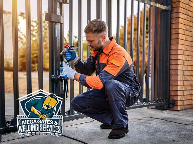 professional technician working performing expert emergency gate repair